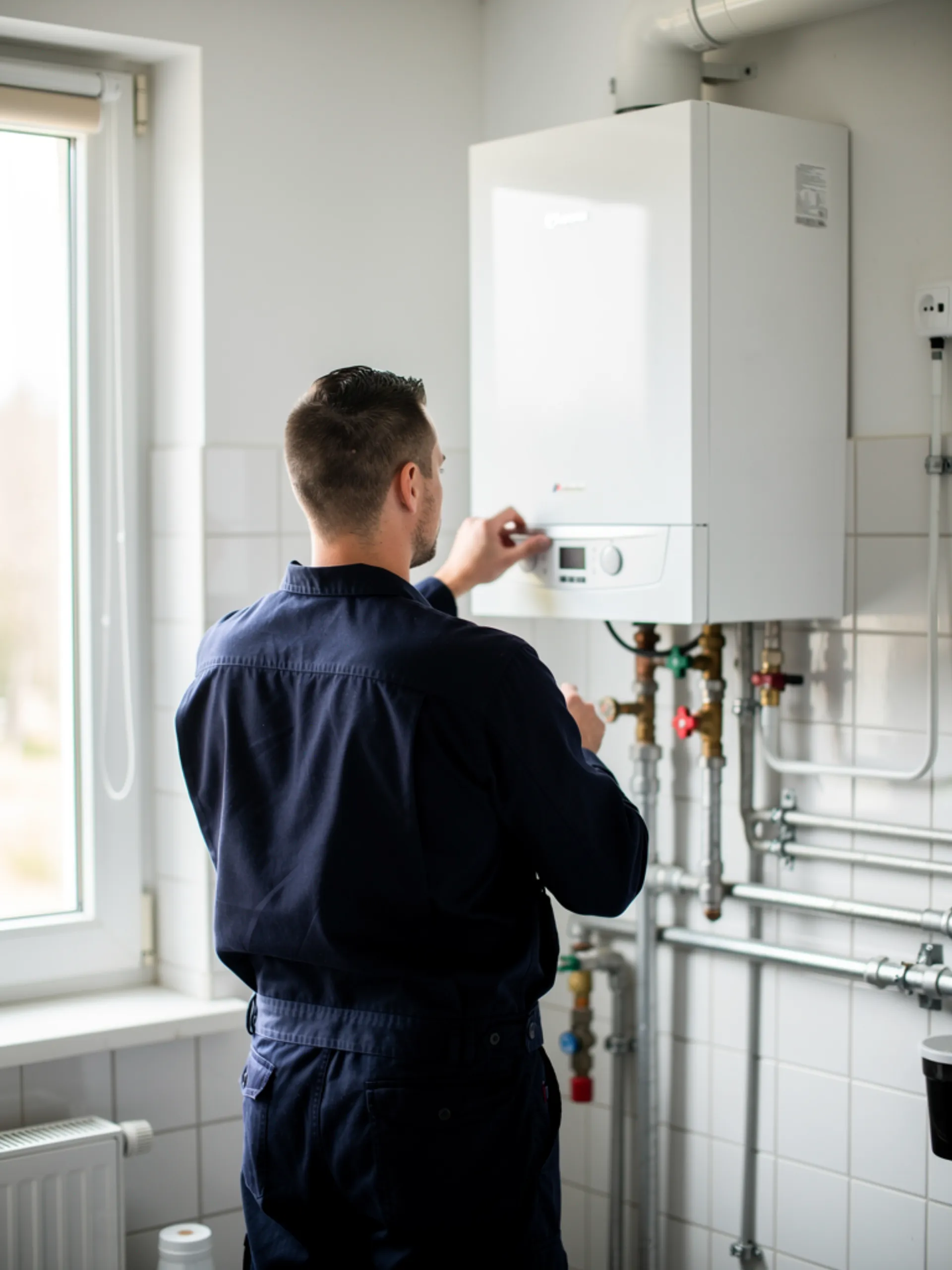 Techniker arbeitet an moderner Heizungs-/Klimaanlage (natürlich, nicht in die Kamera blickend)